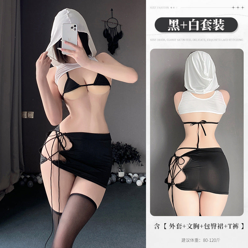 Image of Erotic lingerie sexy hollow small chest show big three-point see-through bra free passion temptation set 2147
